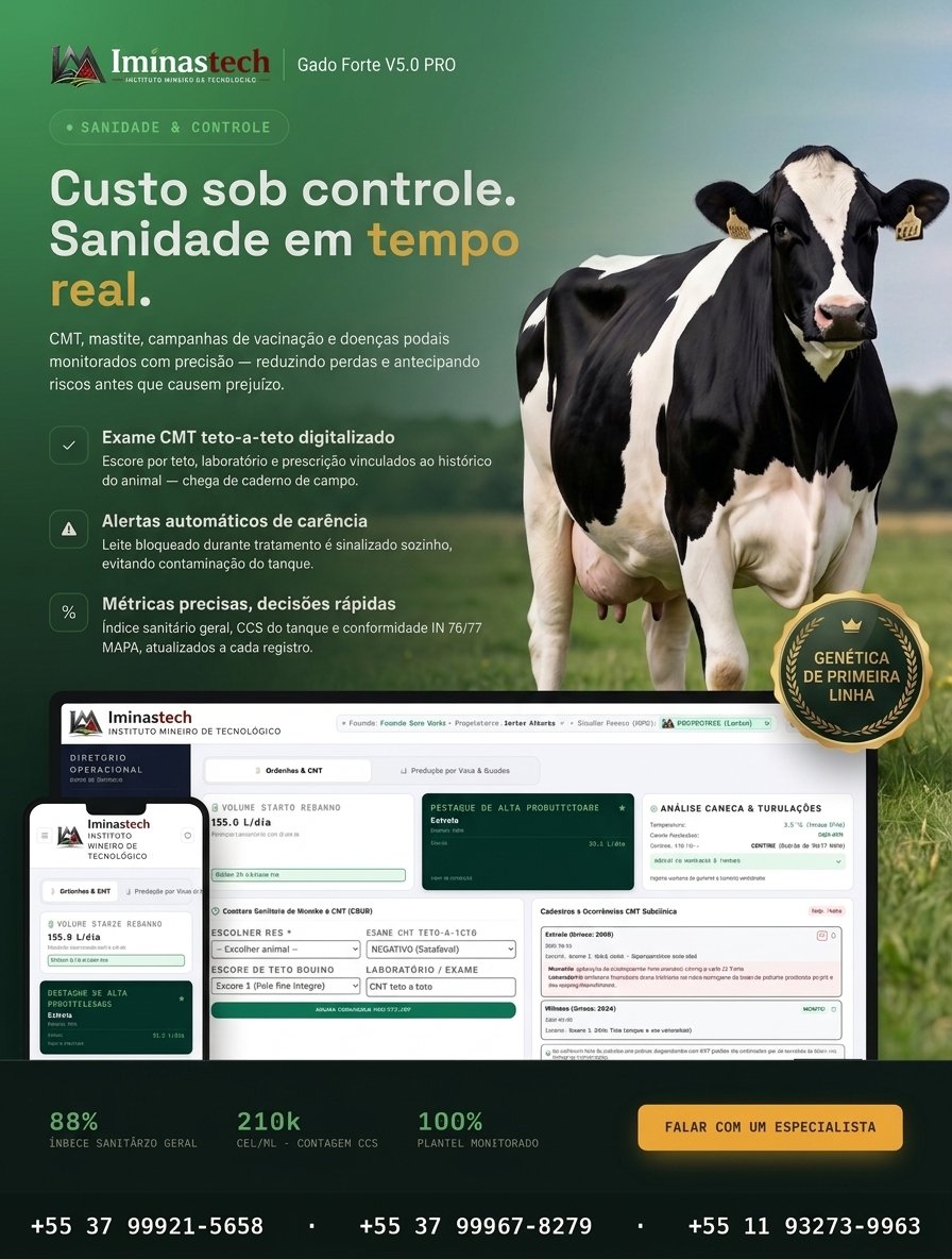 Banner oficial Gado Forte V5.0 PRO — custo sob controle, sanidade em tempo real